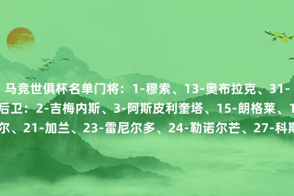 马竞世俱杯名单门将：1-穆索、13-奥布拉克、31-戈米斯、34-埃斯基维尔后卫：2-吉梅内斯、3-阿斯皮利奎塔、15-朗格莱、16-莫利纳、20-维特塞尔、21-加兰、23-雷尼尔多、24-勒诺尔芒、27-科斯蒂斯中场：4-加拉格尔、5-德保罗、6-科克、8-巴里奥斯、11-勒马尔、12-利诺、14-略伦特、17-里克尔梅、29-塞拉诺、38-塞杜、40-贝莱德前卫：7-格列兹曼、9-索尔洛特、10-科雷亚、18-C-马丁、19-阿尔瓦雷斯、22-朱利亚诺-西蒙尼    体育赛事直播